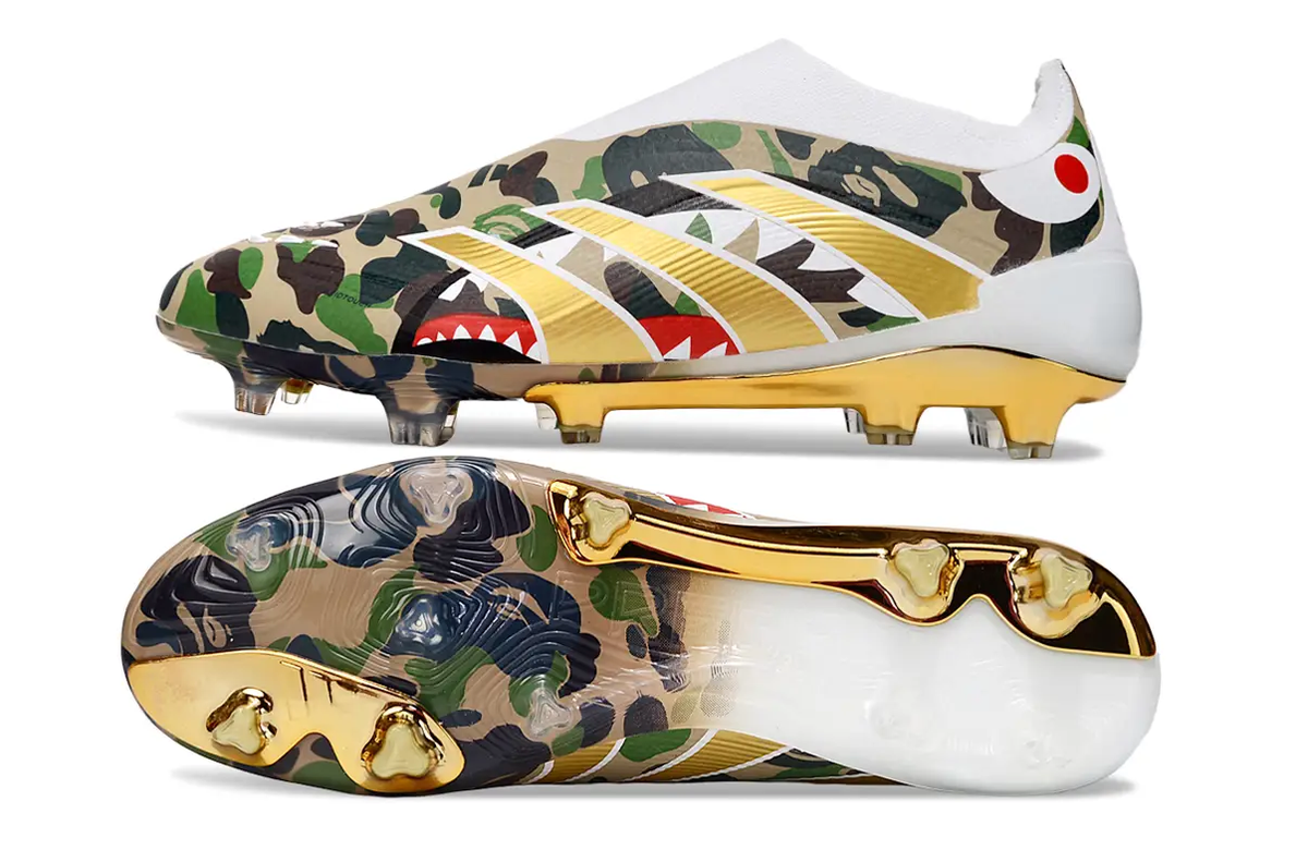 Close-up of Adidas Predator Elite FG Laceless x BAPE upper – showcasing grip elements, camo detailing, and premium Predator craftsmanship.